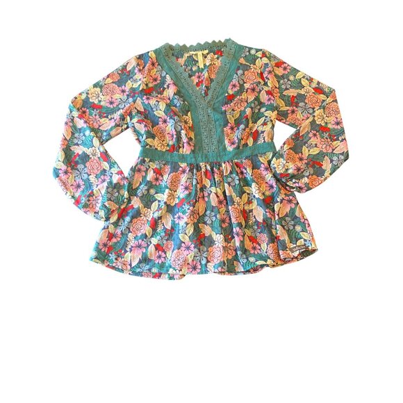 Matilda Jane Floral Long-Sleeve Tunic Top With Crochet Lace Trim Large - Picture 1 of 6